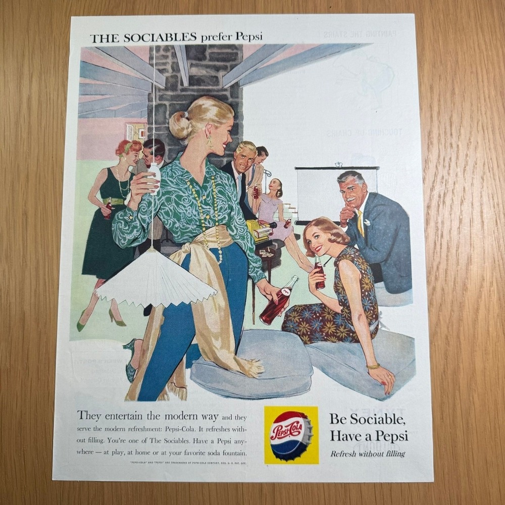 Vintage 1960 Pepsi-Cola Ad The Sociables Prefer Pepsi Be Sociable Party Art